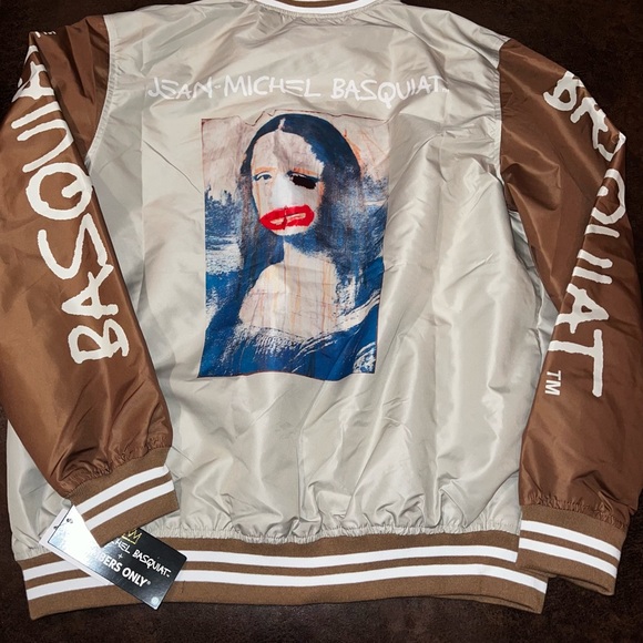 Members Only tan/brown Jean-Michel Basquiat Varsity style jacket XL NWT - Picture 2 of 7